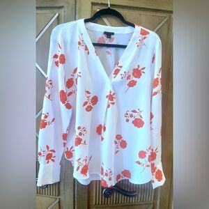 Ann Taylor Floral V-Neck Blouse in White and Orange